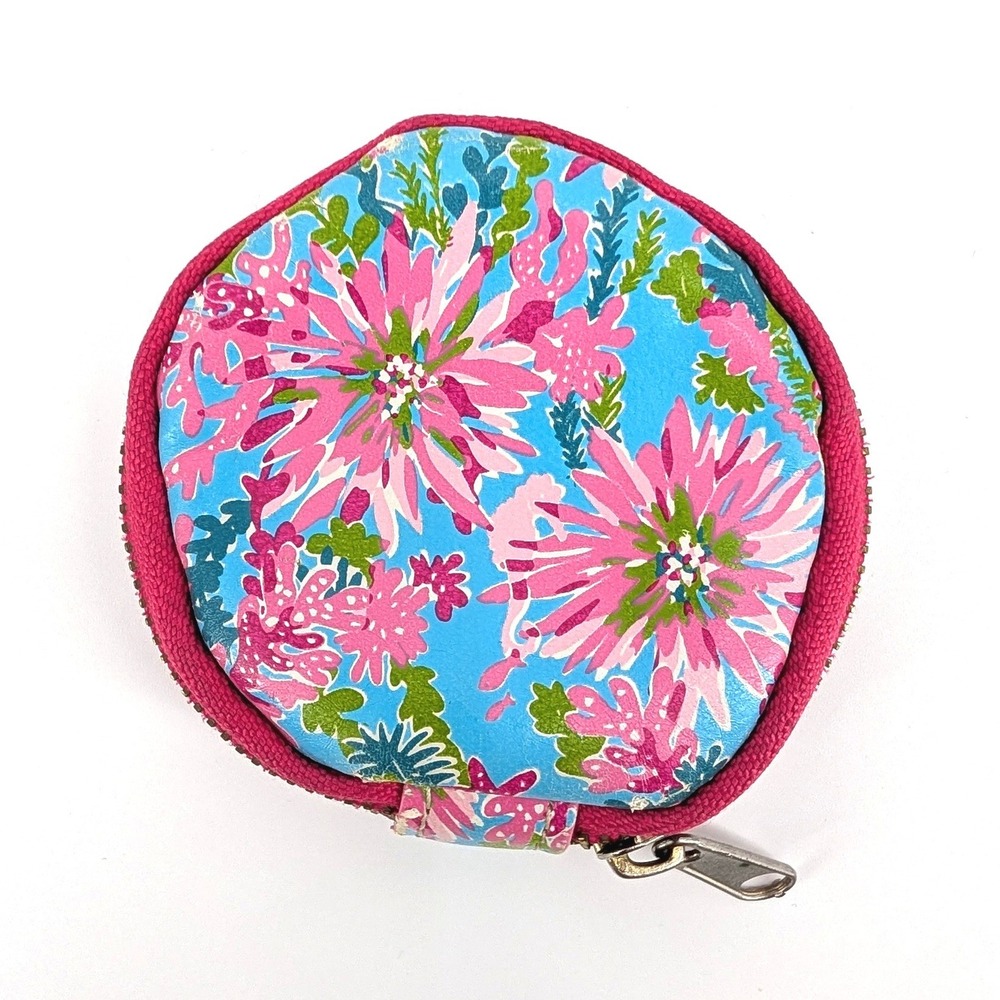 Lilly‎ Pulitzer Round Coin Purse Pink Blue Floral Zip Pouch Case Small